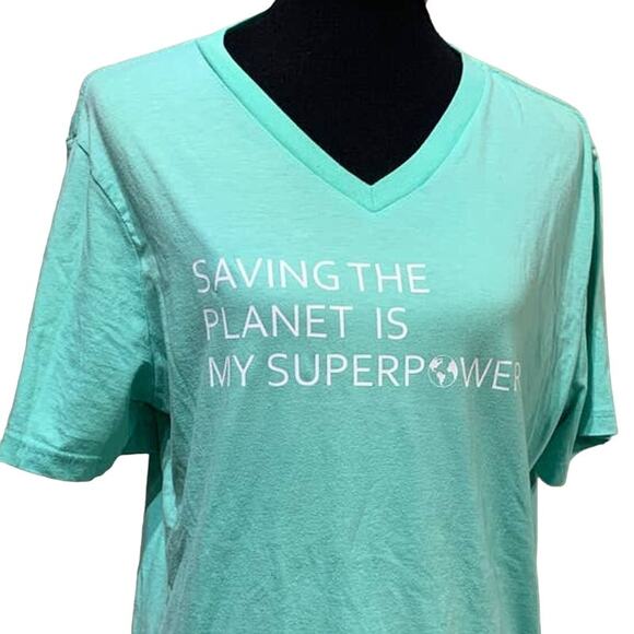 Hand Printed Upcycled Womens Large Saving the Planet is My Superpower Tee - Picture 2 of 3